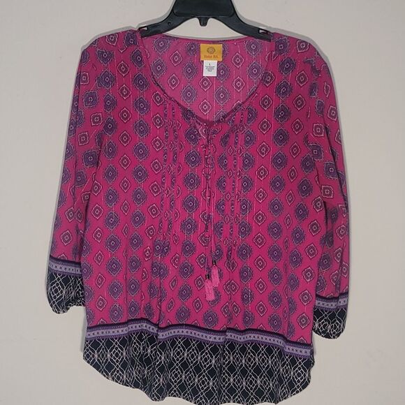 Ruby Rd Womens Size L Large Fuschia Black Mandala Top Tassels V Neck - Picture 10 of 15